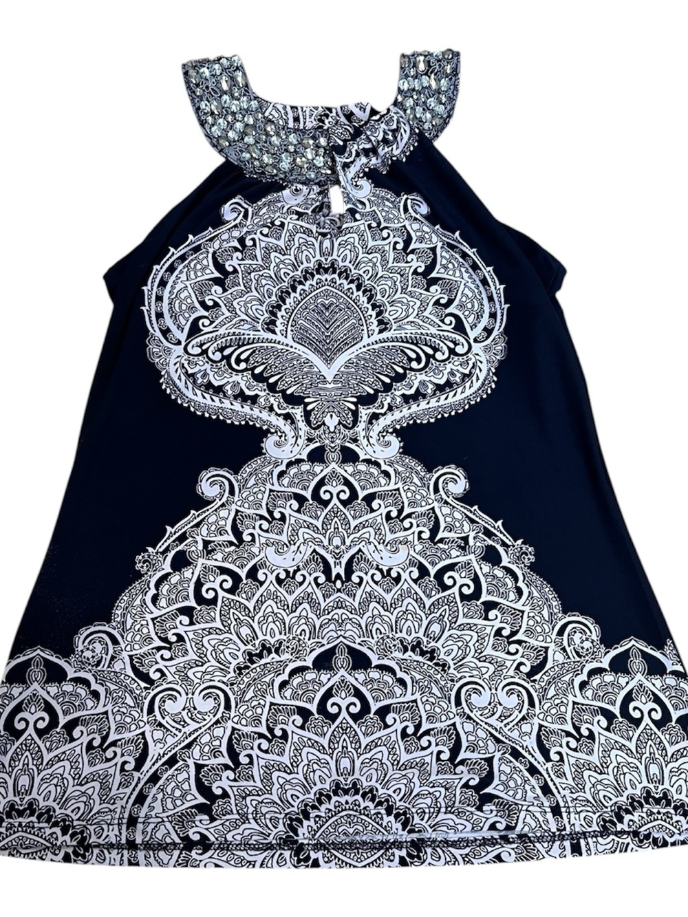 INC Halter Top Small S Navy White Mandala Beaded Neck L Luxury Vintage Style